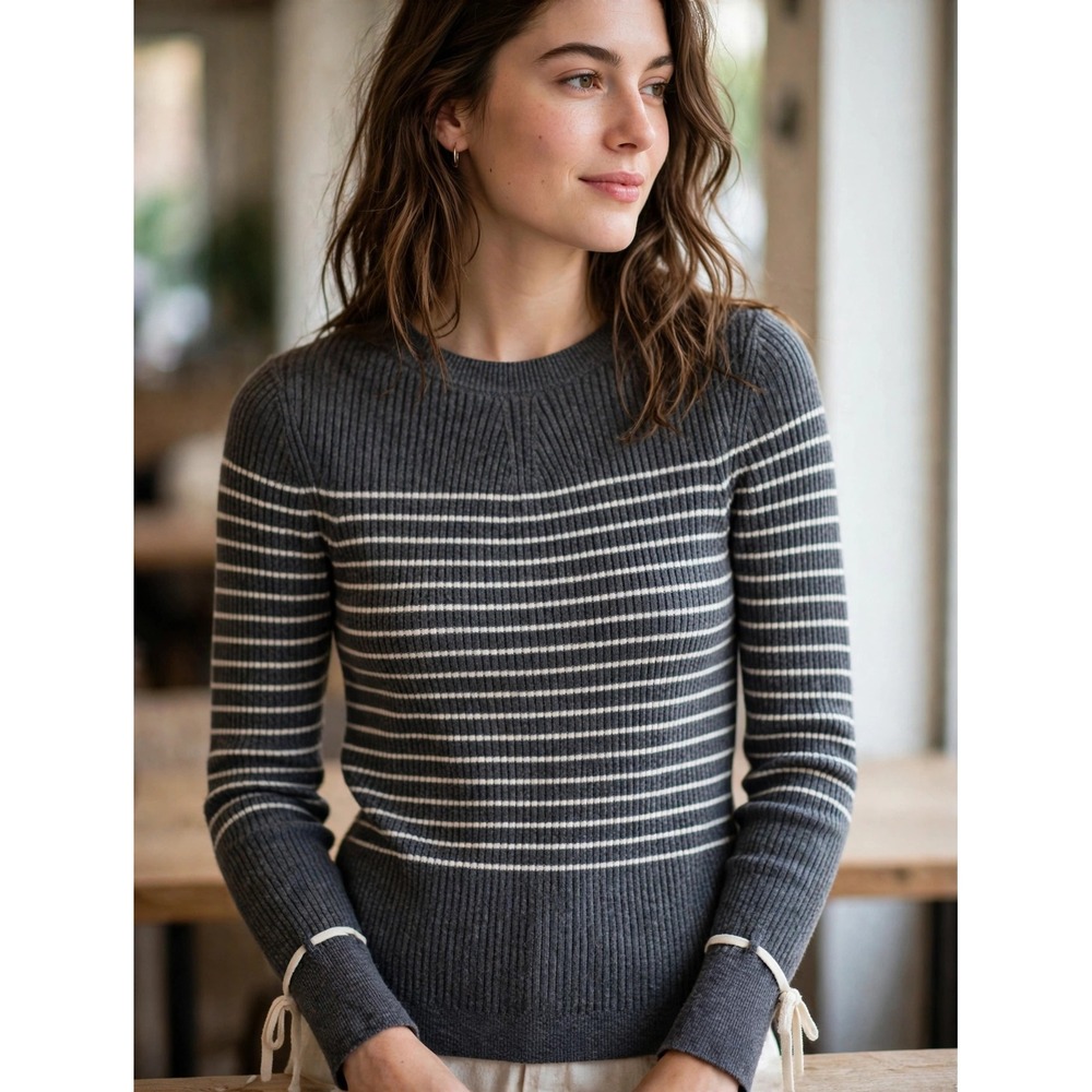 Banana Republic Italian Filpucci Yarn Striped Ribbed Tie Cuff Sweater Grey XS
